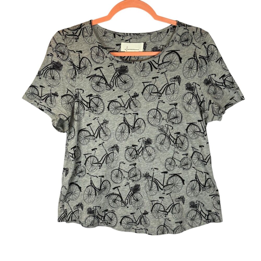 Anthropologie Weekend Tee Grey Bicycle Print Cotton Modal Rounded Hem S #Boho
